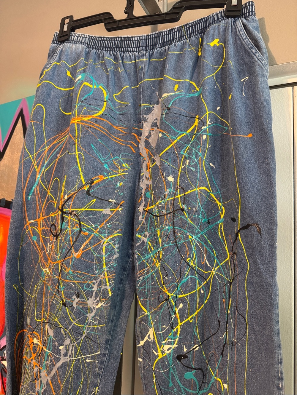 Upcycled Hand Painted High Waisted Elastic Denim Jeans Splatter Plus 14 - Picture 3 of 11